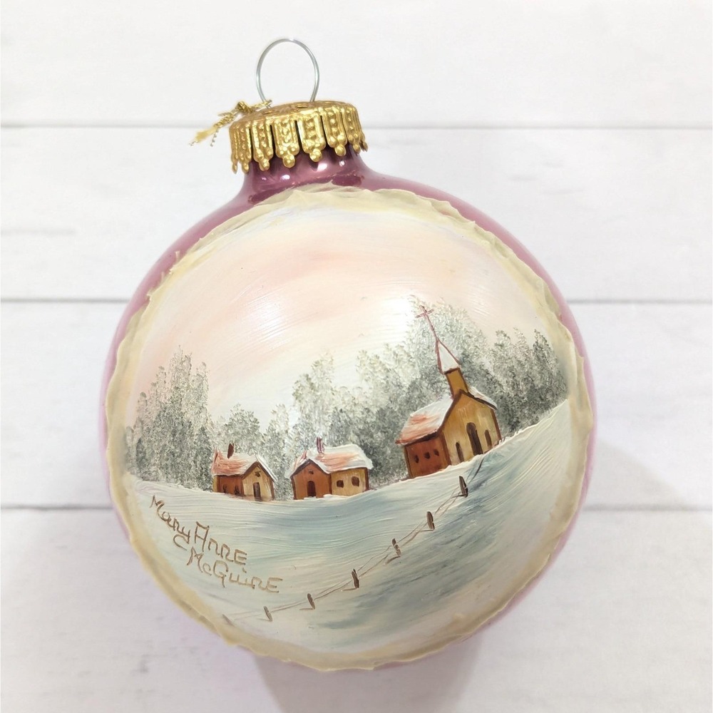Hand Painted Snowy Winter Village Church Scene Christmas Ornament Signed Germany